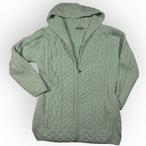 Aran Crafts Ireland Light Green Wool Cardigan‎ Jacket Zip Pockets Hooded